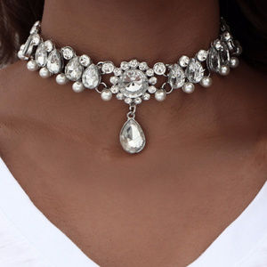 Silver Water Drop Crystal Beaded Choker Necklace